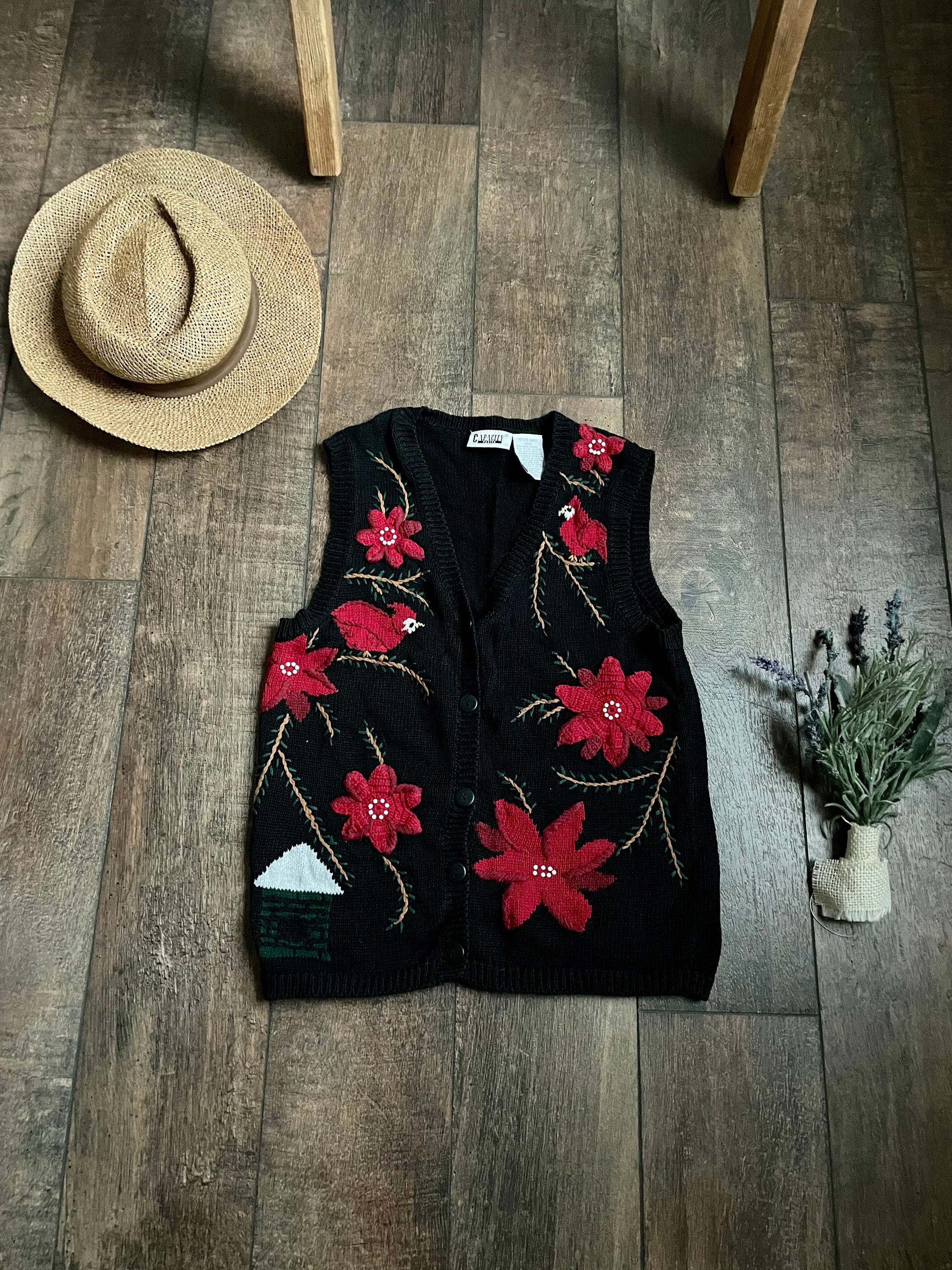 Vintage Embroidered Floral Sweater Vest, Vintage Capacity Sweater