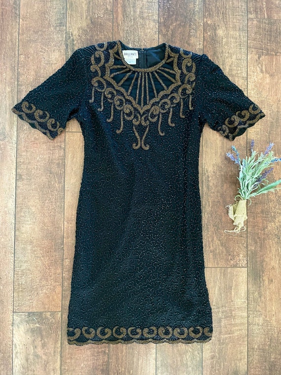 Black and Gold Beaded 80s Flapper Dress,  80s Bla… - image 2