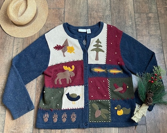 Y2K Winter Cardigan, Vintage Moose Cardigan, Winter Holiday Sweater, Vintage Country Christmas Sweater, Fish and Duck Cardigan, Y2K Cardigan