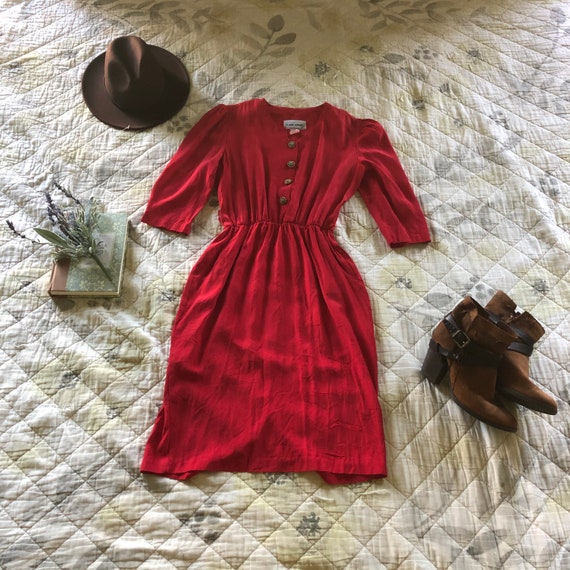 Vintage 90s Red Fall Dress, Button Top Red Dress,