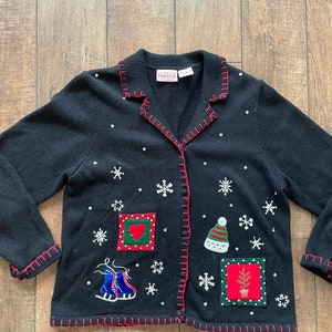 Vintage 90s Patchwork Christmas Cardigan, Christmas Snowflake Cardigan, Christmas Skates Cardigan Sweater, 90s Christmas Cardigan image 2