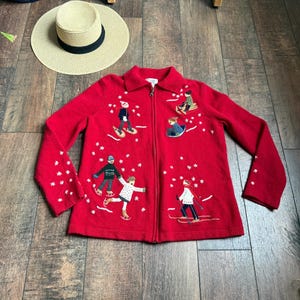 トボガン クリスマス セーター、ヴィンテージ 90 年代 クリスマス セーター、クリスマス スケーター セーター、ラムズ ウール クリスマス セーター、ウィンター シーン カーディガン