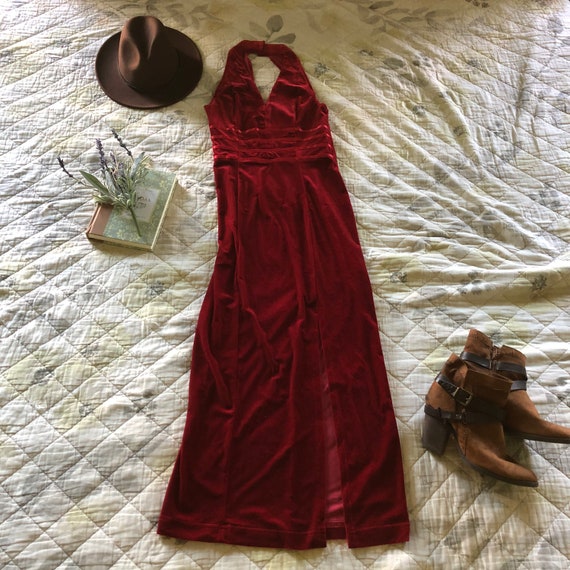 Vintage 90s Red Velvet Halter Dress, 90s Velvet Ha