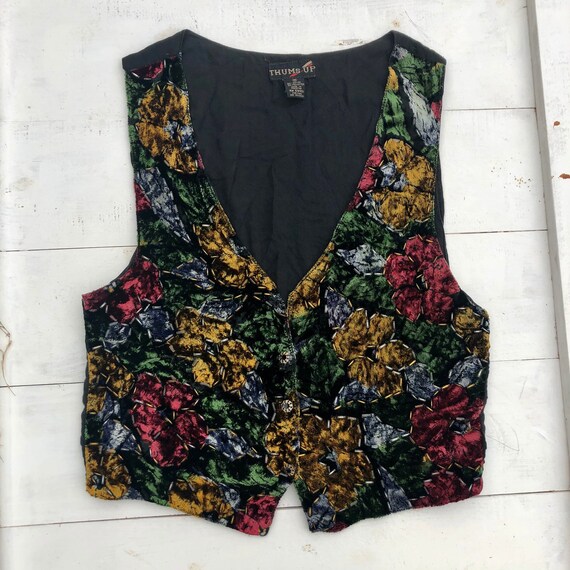 Vintage 90s Velvet Beaded Floral Vest, 90s Velvet