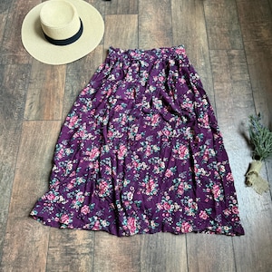 Vintage 90s Button Front Floral Skirt, Vintage 90s Purple Floral Skirt, High Waist Skirt, Vintage Rose Print Skirt, Ankle / Midi Skirt LARGE