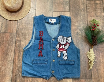 Vintage Alabama Denim Vest, Vintage Collegiate Vest, 90s Denim Bama Vest, Elephant Vest, Vintage Alabama Sportswear, Vintage Roll Tide Vest