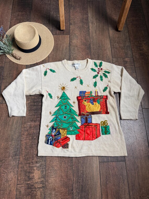 Vintage Christmas Scene Sweater,90s Embroidered Christmas Sweater