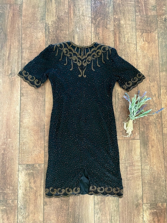 Black and Gold Beaded 80s Flapper Dress,  80s Bla… - image 3