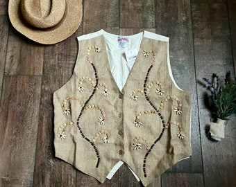 Women’s Beige Floral Vest, 90s Classic Women’s Vest, Vintage 90s Jute Vest, 90s Granola Fashion, Babysitter’s Club Vest, 90s Dead Stock Vest