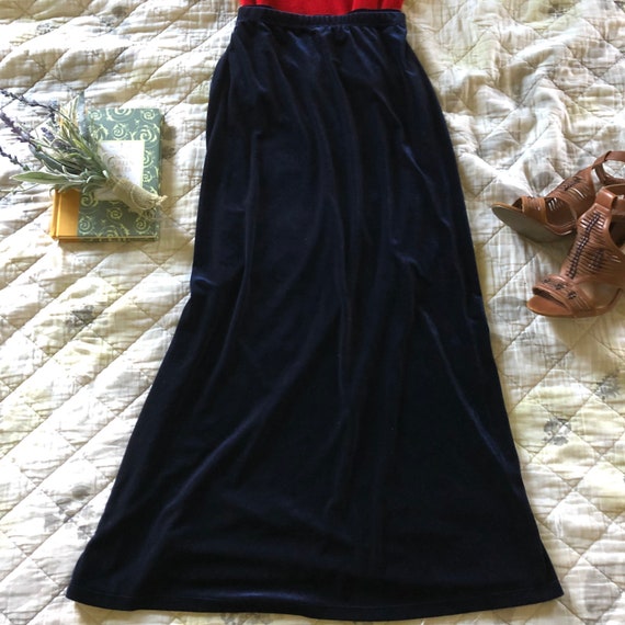 90s Vintage Dark Blue Velvet Skirt, 90s Slinky Ve… - image 2