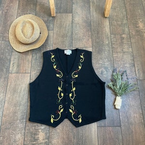 Vintage 90s Beaded Sweater Vest, 90s Vintage Sweater Vest, Beaded Floral Sweater Vest, Gold Leaf Sweater Vest, Beaded Floral Vest