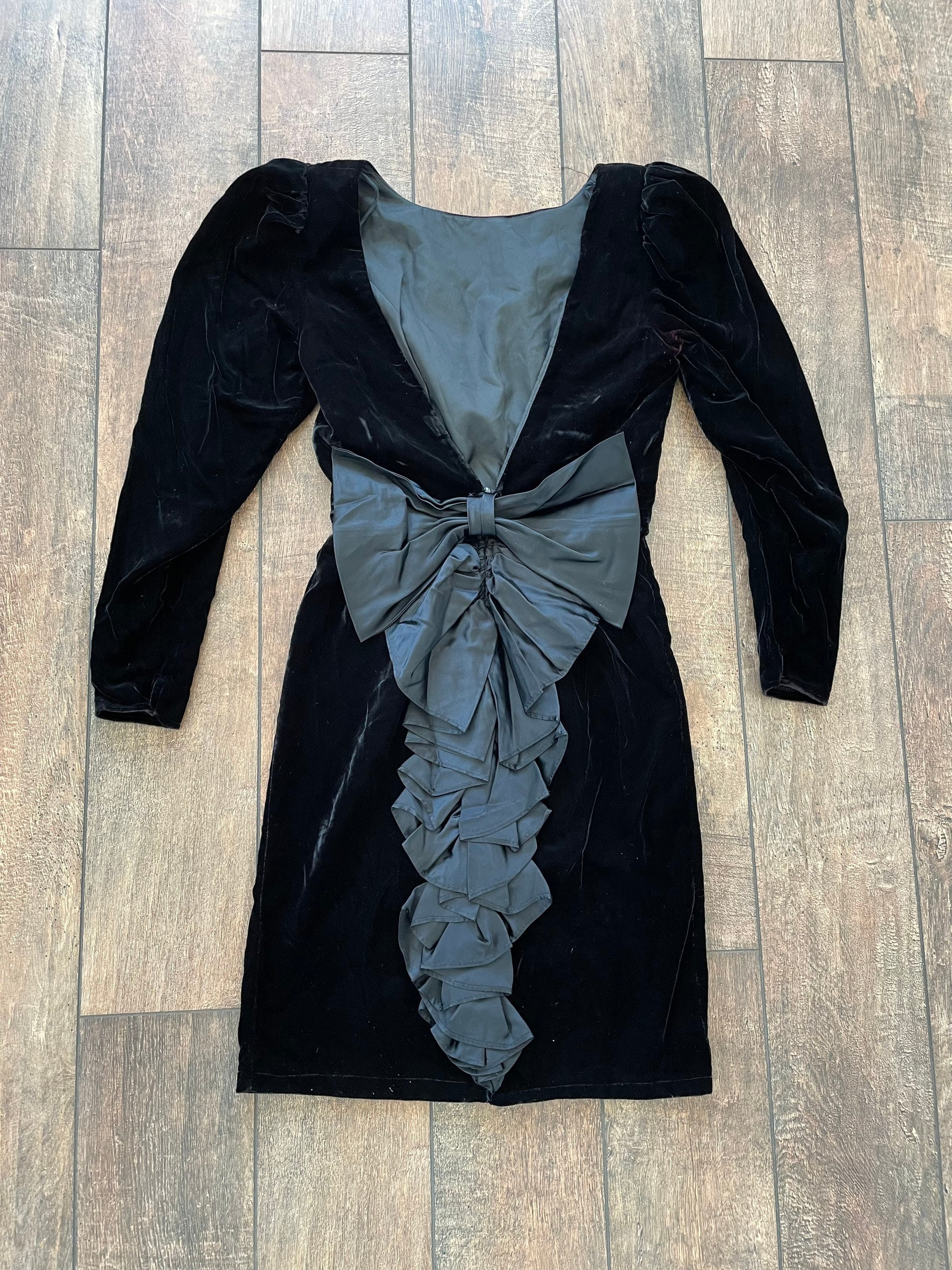 Vintage Big Bow Black Velvet Formal Dress, Vintage Puff Sleeve Velvet Dress, Vintage Black Velvet Prom Dress, Judy Garland Formal Dress