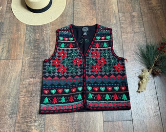 Christmas Sweater Vest, Christmas Poinsettia Sweater Vest, Christmas Tree Poinsettia Sweater Vest, Vintage Christmas Sweater Vest, SMALL
