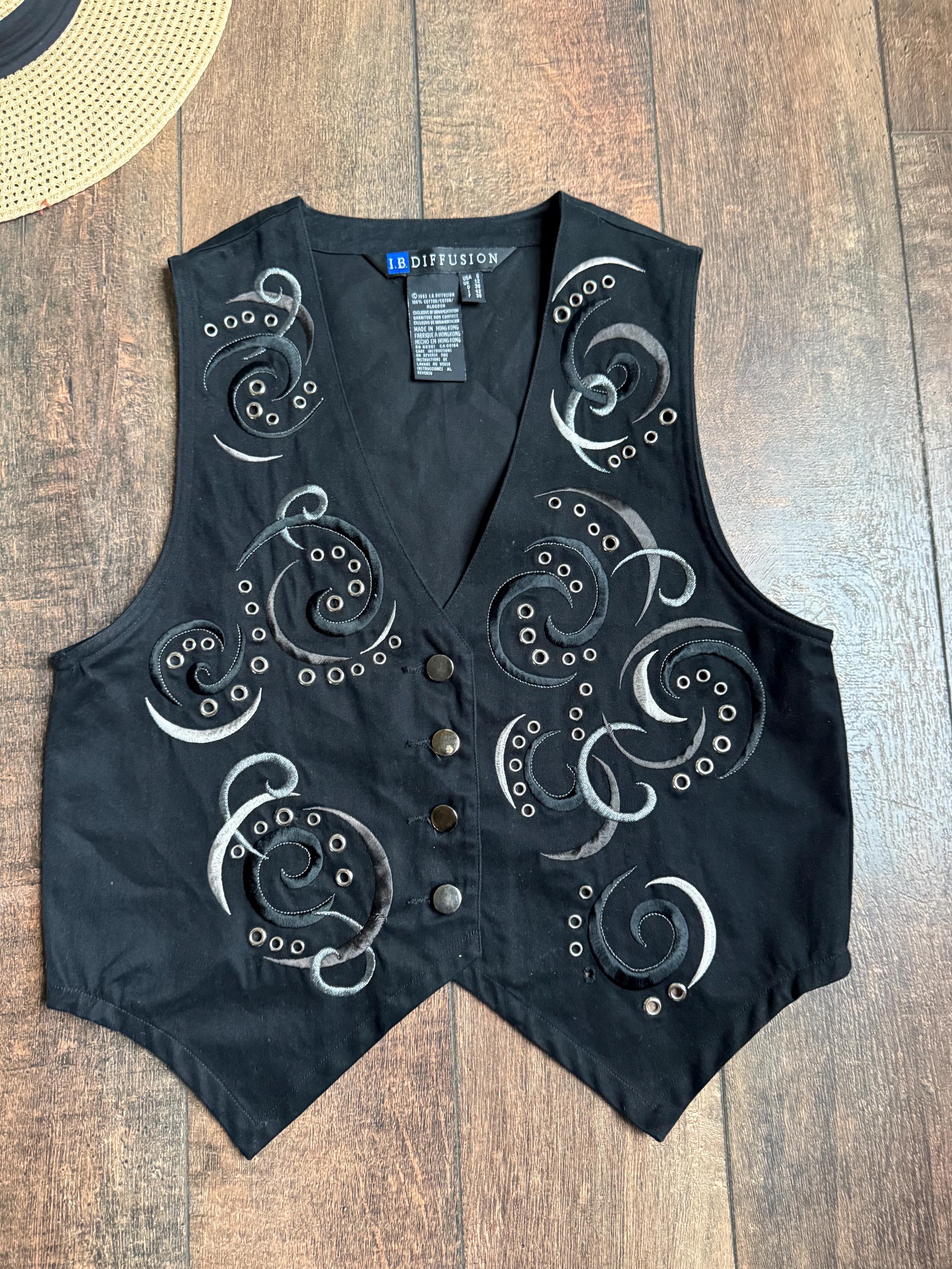 Vintage Black Textured Vest, 90s Embroidered Vest, Mona Lisa Smile