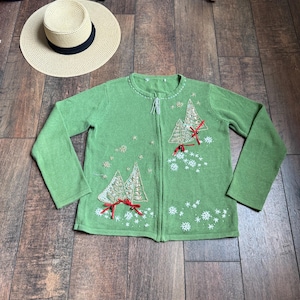 Vintage 90s Beaded Christmas Tree Cardigan Sweater, Beaded Christmas Sweater, 90s Vintage Christmas Cardigan Sweater, Beaded Christmas Tree