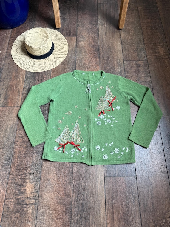 Vintage 90s Beaded Christmas Tree Cardigan Sweater, Beaded Christmas Sweater, 90s Vintage Christmas Cardigan Sweater, Beaded Christmas Tree