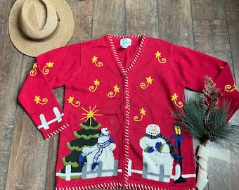 Vintage 90er Weihnachten Cardigan, Vintage Schneemann Cardigan, Vintage Quacker Factory Weihnachtspullover, 90er Jahre Niedliche Weihnachtsjacke