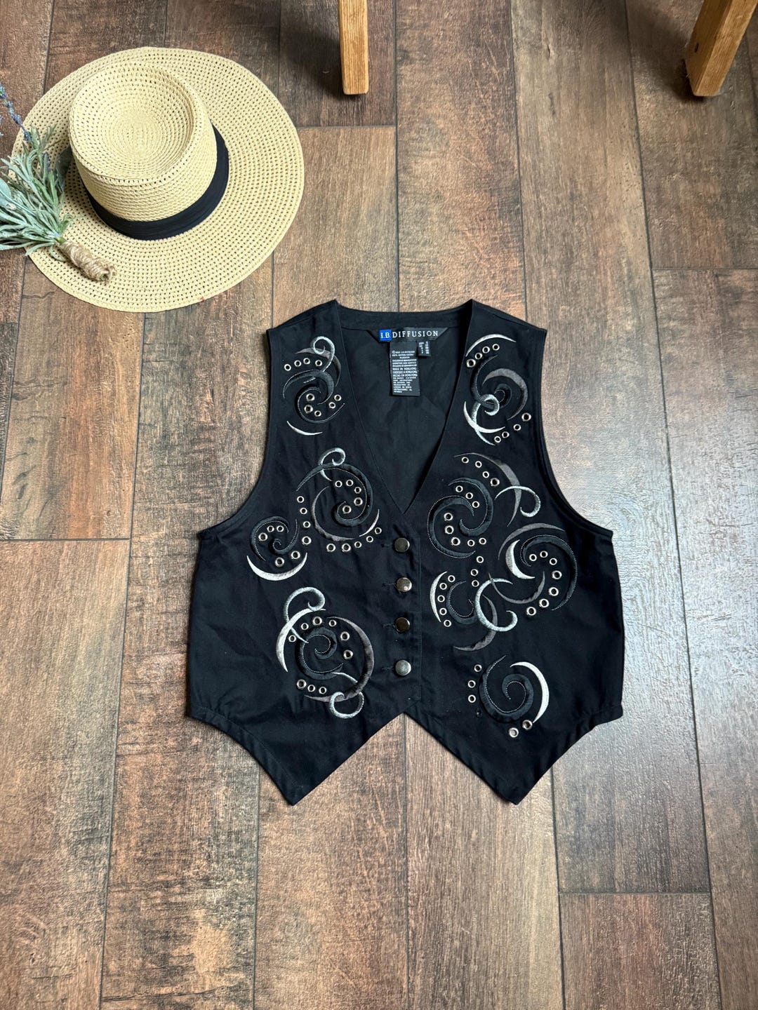 Vintage Black Textured Vest, 90s Embroidered Vest, Mona Lisa Smile