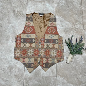 Vintage 90s Southwest Vest, Western Print Vest, 90s Boho Western Vest, Vintage 90s Boho Western Looks, Vintage Tribal Print Vest, Aztec Vest