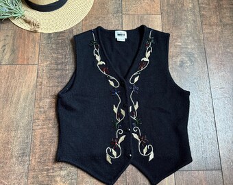 Vintage Button Up Beaded Sweater Vest,Vintage Embroidered Sweater Vest, WOOL Floral Sweater Vest,90s Floral Sweater Vest- SIZE MEDIUM