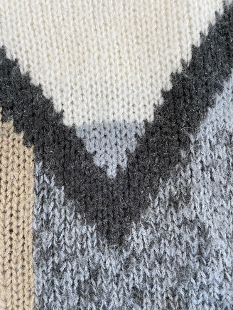 May include: Close-up of a knitted fabric with a geometric pattern in shades of beige, gray, and black.