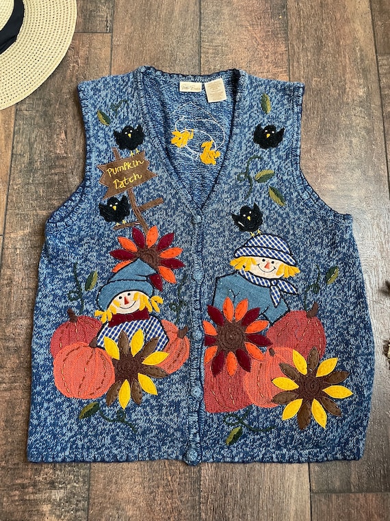 Vintage 90s Halloween Sweater Vest, ScareCrow Swe… - image 2