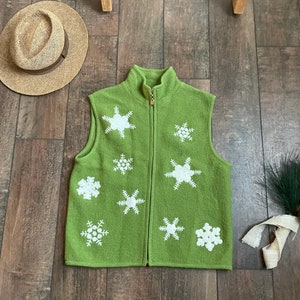 Colete suéter de lã de Natal, colete suéter verde, colete suéter norueguês, colete de floco de neve de Natal, colete suéter de lã vintage de Natal