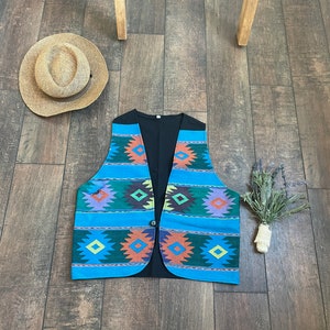 Vintage 90s Southwest Vest, Western Print Vest, 90s Boho Western Vest, Vintage 90s Boho Western Looks, Vintage Tribal Print Vest, Aztec Vest