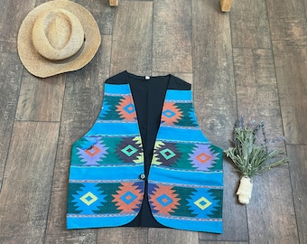 Vintage 90s Southwest Vest, Western Print Vest, 90s Boho Western Vest, Vintage 90s Boho Western Looks, Vintage Tribal Print Vest, Aztec Vest
