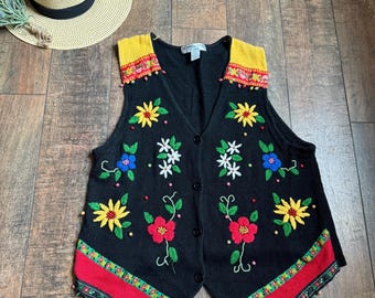 Vintage Button Up Beaded Sweater Vest,Vintage Embroidered Sweater Vest, BRIGHT Floral Sweater Vest,90s Floral Sweater Vest- SIZE 1X