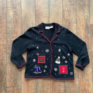 Vintage 90s Patchwork Christmas Cardigan, Christmas Snowflake Cardigan, Christmas Skates Cardigan Sweater, 90s Christmas Cardigan image 1