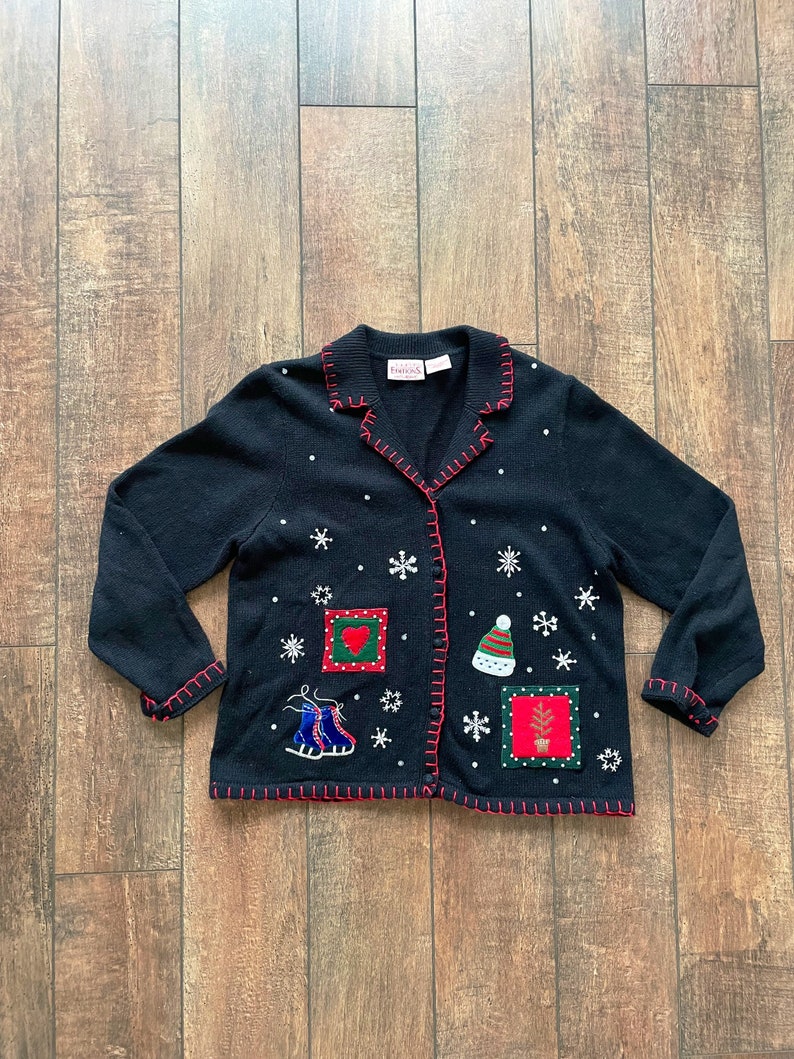 Vintage 90s Patchwork Christmas Cardigan, Christmas Snowflake Cardigan, Christmas Skates Cardigan Sweater, 90s Christmas Cardigan image 1