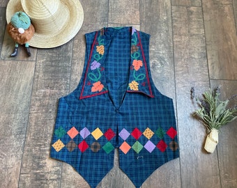 Chaleco de otoño vintage de los años 90, chaleco vintage, chaleco de hojas de otoño vintage, chaleco de maestro de los años 90, chaleco de mamá de los años 90, chaleco acolchado a cuadros de los años 90, chaleco de otoño divertido brillante