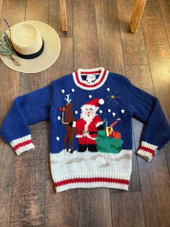90s Reindeer Santa Christmas Sweater, 90s Marisa Knit Christmas Santa Sweater, Vintage Santa Sweater, Embroidered Christmas Sweater SMALL