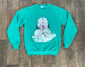 Vintage 90s Painted Jerzees Sweater, Made in USA Hand Painted Christmas Sweatshirt, Jerzees Christmas Puppy Sweatshirt, Claudia Sweatshirt
