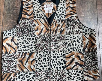 Vintage 90s Leather Leopard Print Vest,90s Safari Vest,vintage