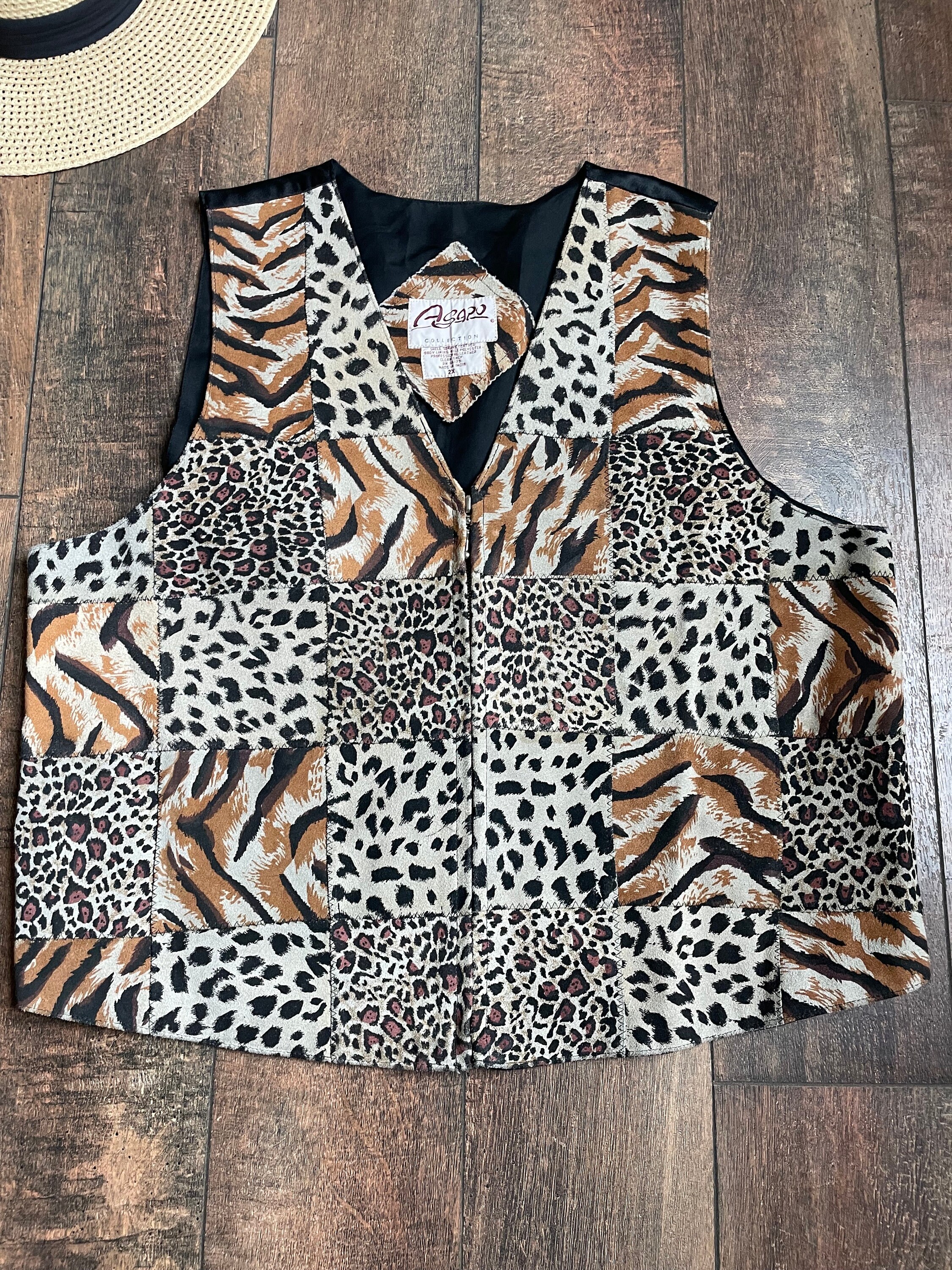 vintage leopard far vest 80s〜90s Vintage 90s Leather Leopard Print Vest,90s Safari Vest,vintage
