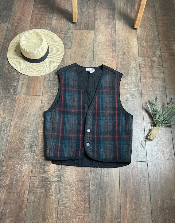 Vintage Wool Plaid Button Up Vest, Vintage Autumn 
