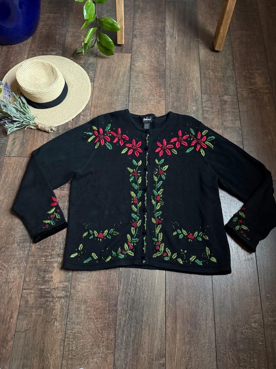 Vintage Christmas Cardigan Sweater, Poinsettia Cardigan, 90s Christmas Cardigan, Poinsettia Christmas Cardigan LARGE
