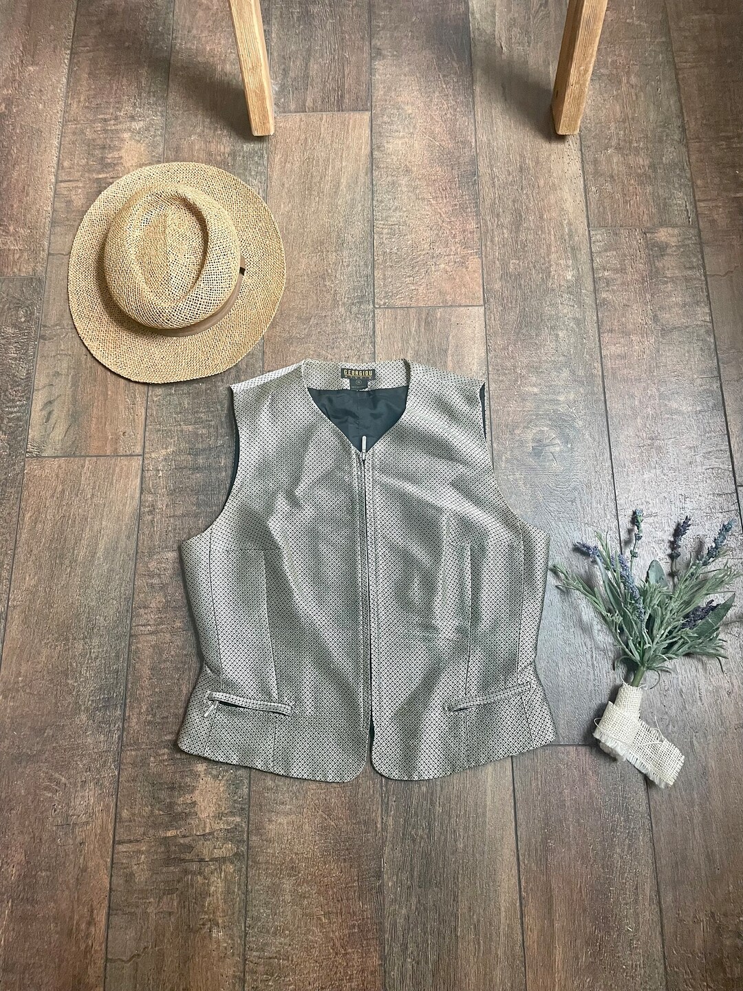 Gilet Vintage Rare Autre Destination - Cuir, Soie, Perles - Taille L - Style Sud-Ouest - Occasion Très Bon état