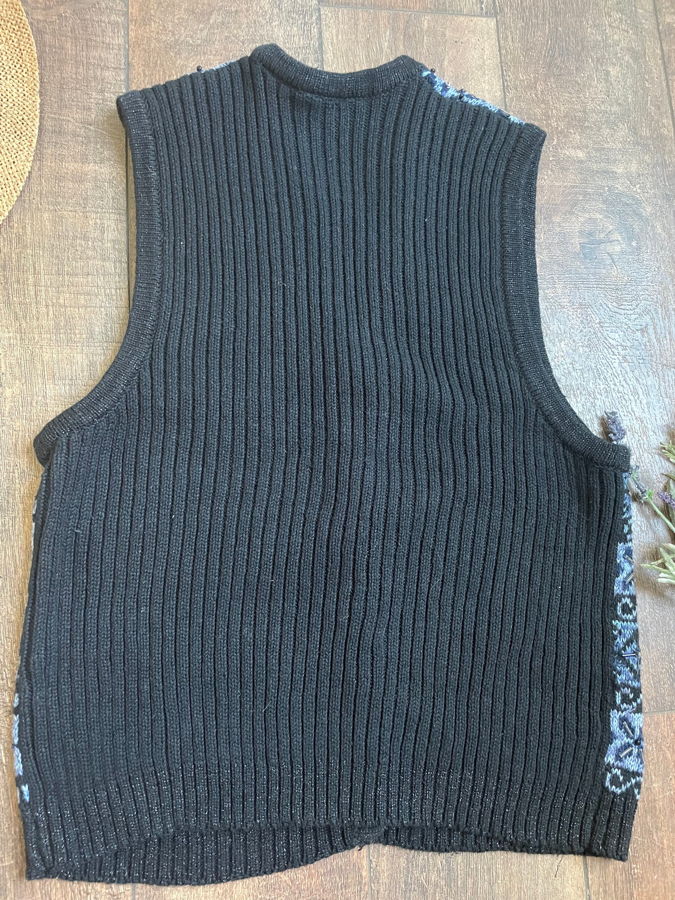 Vintage 90s Beaded Sweater Vest, 90s Vintage Blue Sweater