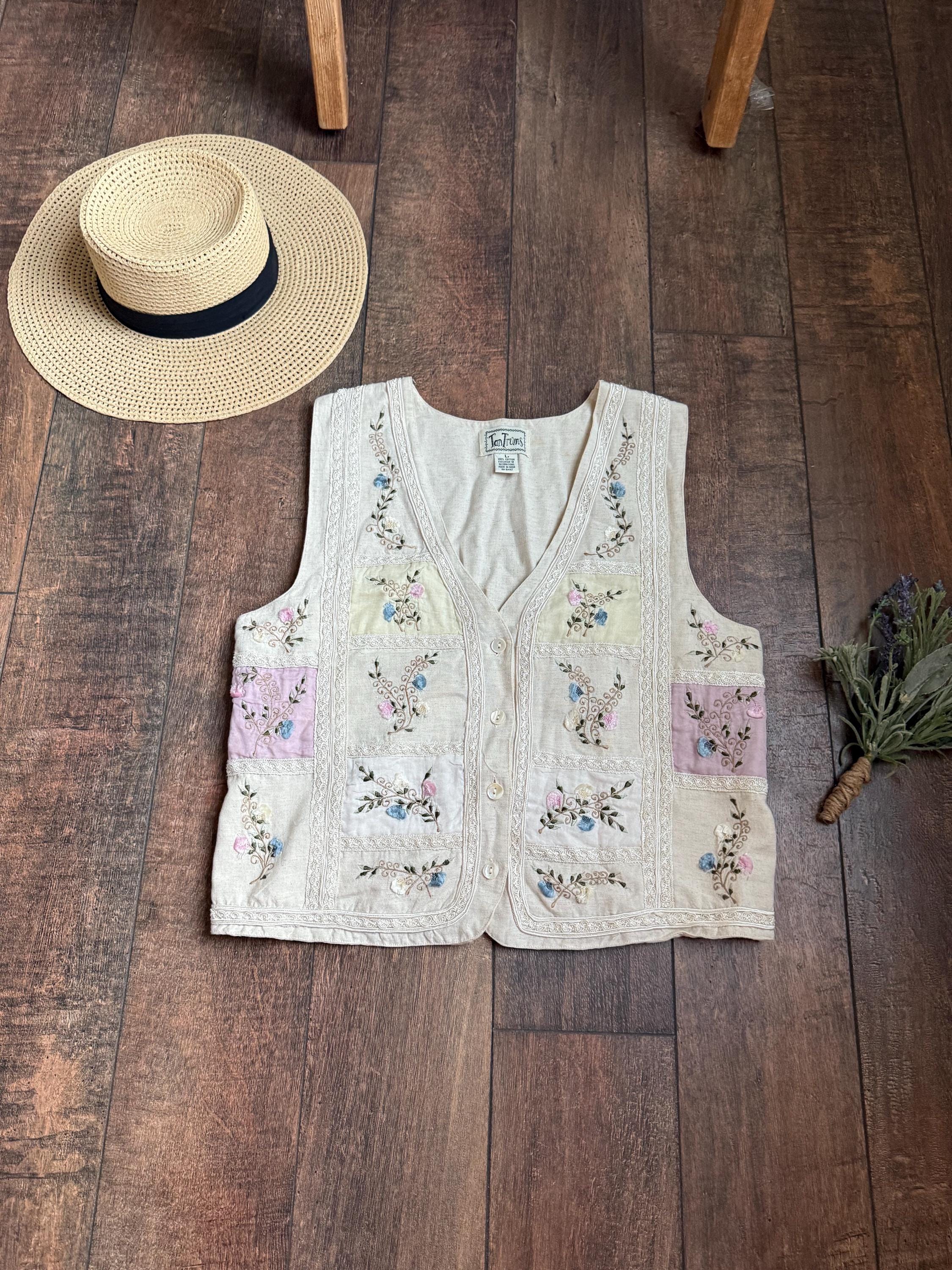 Vintage 90s Embroidered Floral Vest, 90s Floral Vest, Vintage