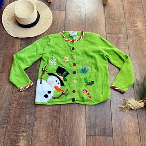 Cardigan de Natal Vintage dos anos 90, Cardigan de Boneco de Neve Vintage, Suéter de Natal de Boneco de Neve Vintage, Cardigan de Natal Bonito dos anos 90