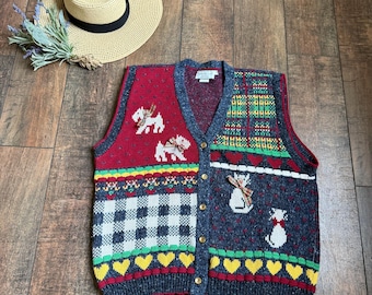 Vintage Scottie Dogs Sweater Vest, Bright Hearts Sweater Vest, 80s Vintage Knit Scottie Dog Sweater, Bows Sweater Vest, MADE IN USA, Large