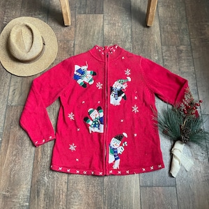 Vintage 90s Christmas Cardigan, Vintage Snowman Cardigan, Vintage Studio Works Christmas Sweater, 90s Cute Christmas Cardigan