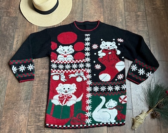 Vintage 90s Christmas Cat Sweater, Kitten Presents Sweater, Cat Sweater,80s Christmas Cat Sweater, Vintage Cat Sweater,90s Christmas Sweater