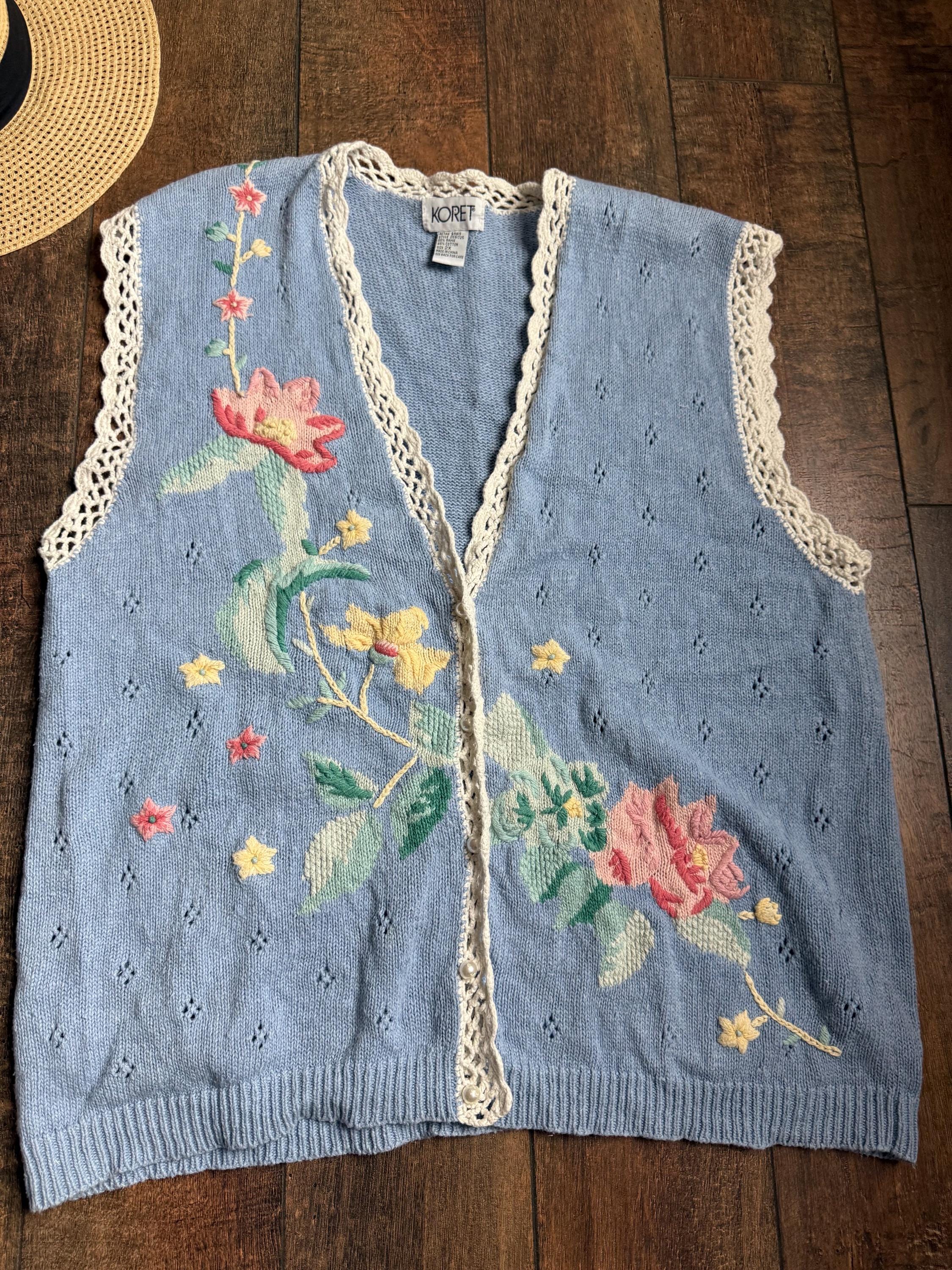 Vintage Spring Sweater Vest, Vintage Embroidered Sweater Vest