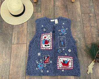 Vintage Santa Sweater Vest,Snowflake Christmas Sweater Vest, 90s Collared Christmas Sweater Vest,Star Christmas Vest, Christmas Snowman Vest