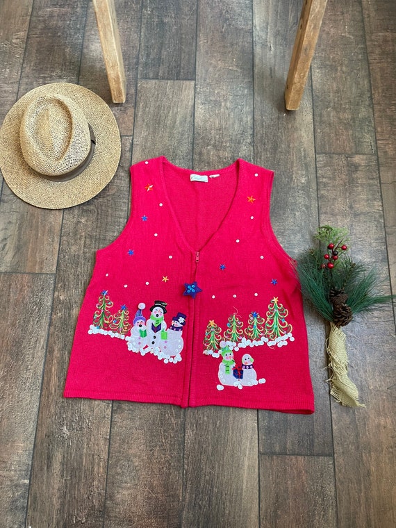 Christmas Snowman Sweater Vest Vintage 90s Cute Christmas Sweater