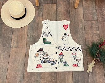 Vintage 90s Quilted Christmas Scrapbook Vest,Snowman Mary Albright Style Best,90s Christmas Teacher Vest,Cute Snowman Vest, Snowman Village